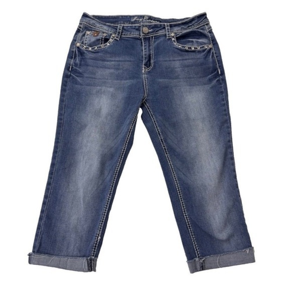 Sexy Couture Capri Jeans Women 15 Blue Fleur De Lis Rhinestone Embellished Denim